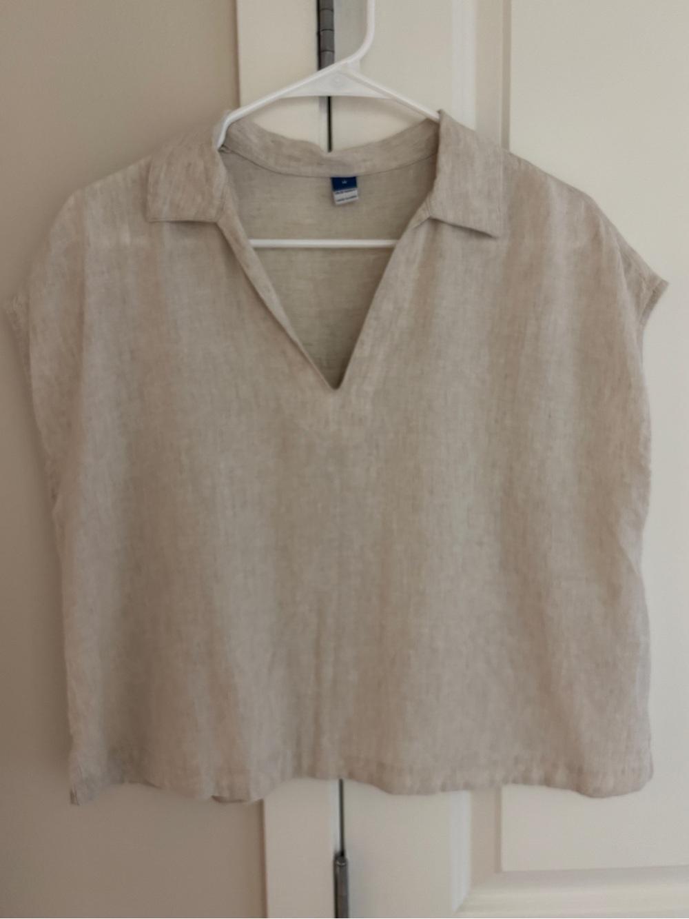 Linen Blend Cropped Popover Shirt Cap Sleeve V-Neck